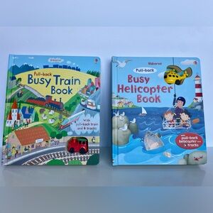 Usborne Pull-Back Busy Train & Helicopter Books Lot Interactive Learning Toy Set